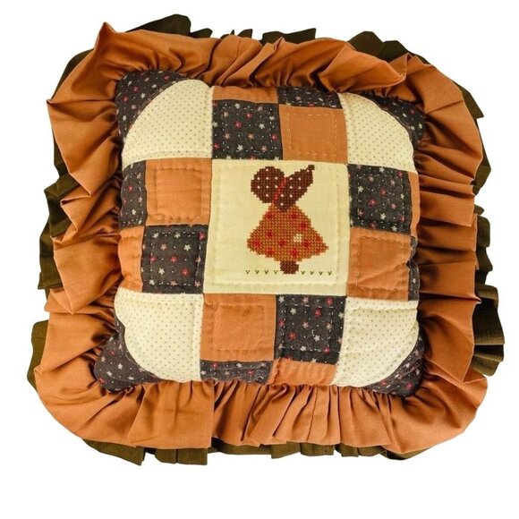 Holly Hobbie Quilt Pillow Finished Cross Stitch Handmade Ruffle Eyelet 14 in u - Picture 1 of 4